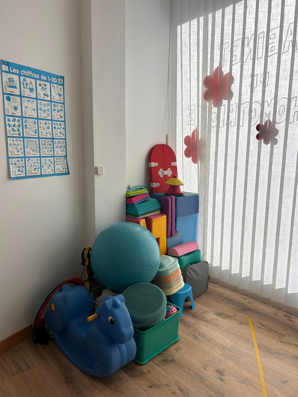La salle de séance, ballons, tapis et modules de parcours